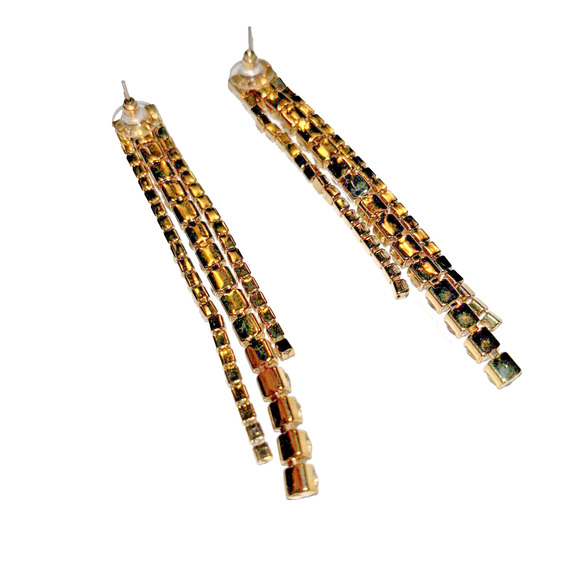 Pierced Earrings Dripping White Rhinestones Goldtone Hollywood Glam Runway Chic - Picture 4 of 8